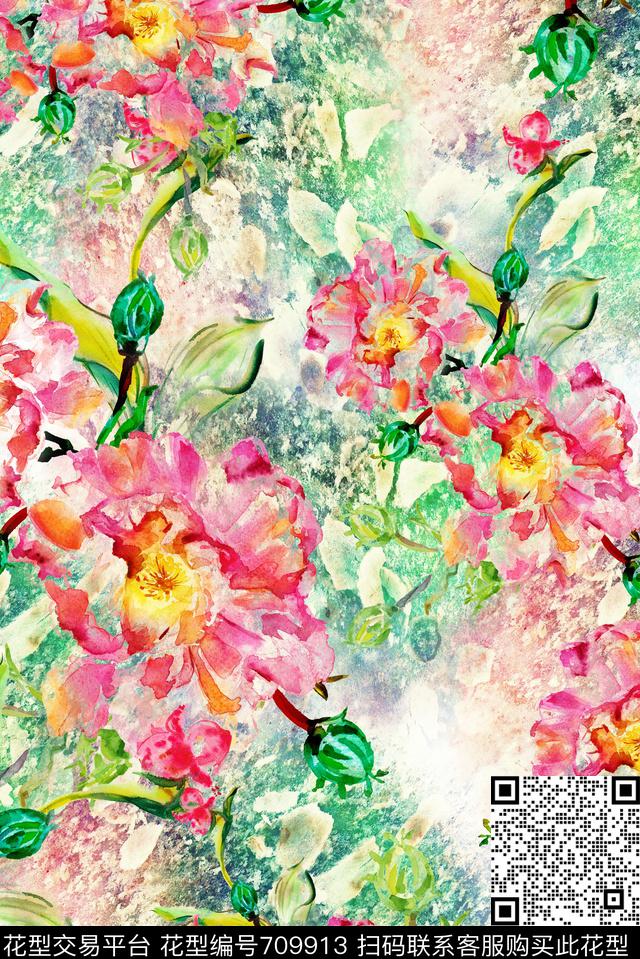 手绘水彩花卉数码印花花型下载（图片编号: 709913） - 瓦栏（Walan）