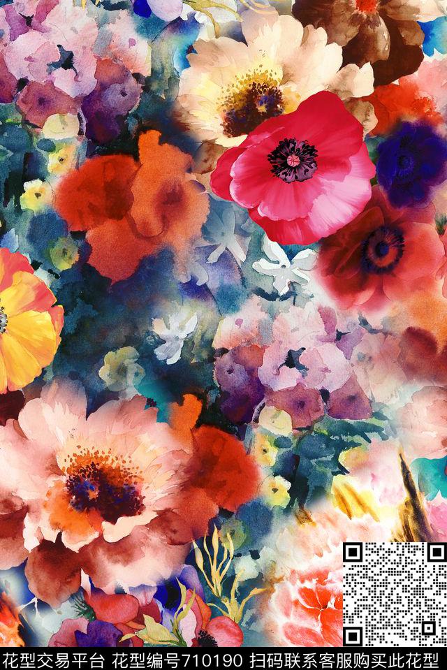 抽象水彩花卉数码印花花型下载（图片编号: 710190） - 瓦栏（Walan）