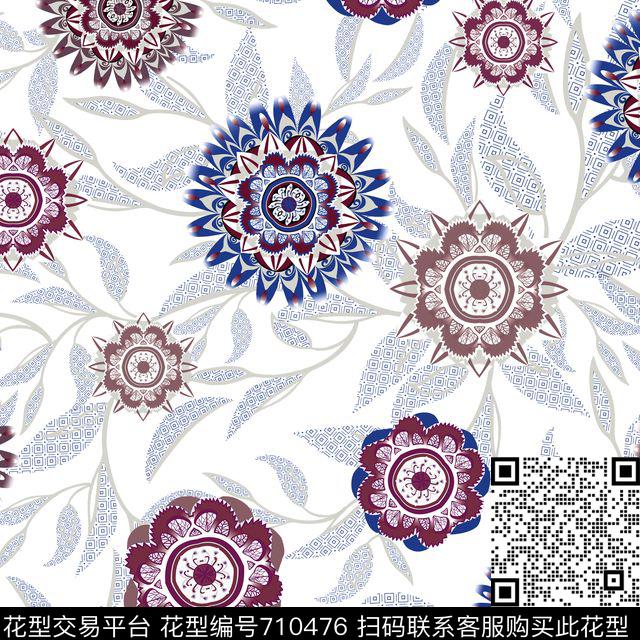 几何花卉传统印花花型下载（图片编号: 710476） - 瓦栏（Walan）