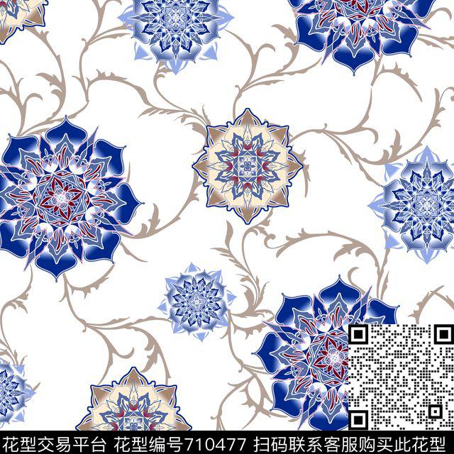 几何花卉传统印花花型下载（图片编号: 710477） - 瓦栏（Walan）