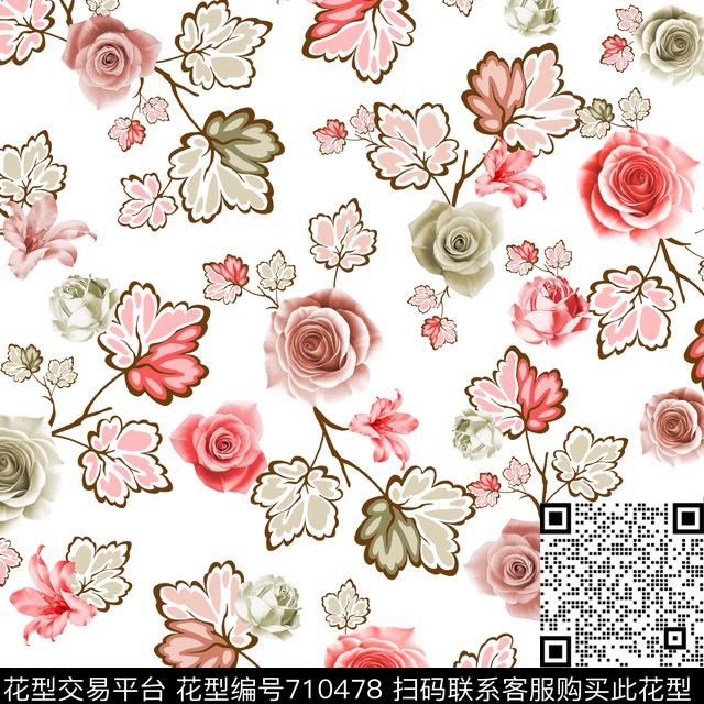 花朵花卉叶子数码印花花型下载（图片编号: 710478） - 瓦栏（Walan）