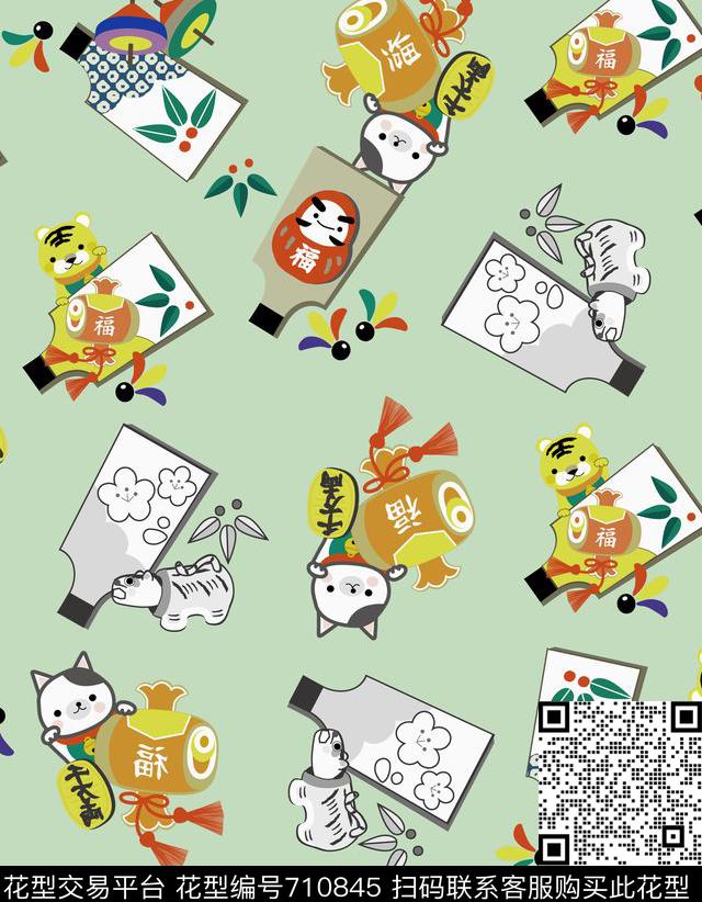 卡通小老虎猫叼福鼓.jpg - 710845 - 卡通 小老虎、方块花瓶、小猫咪 - 数码印花花型 － 童装花型设计 － 瓦栏