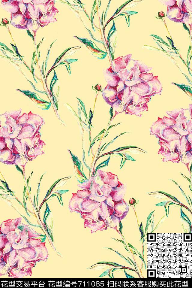 清爽手绘花卉数码印花花型下载（图片编号: 711085） - 瓦栏（Walan）