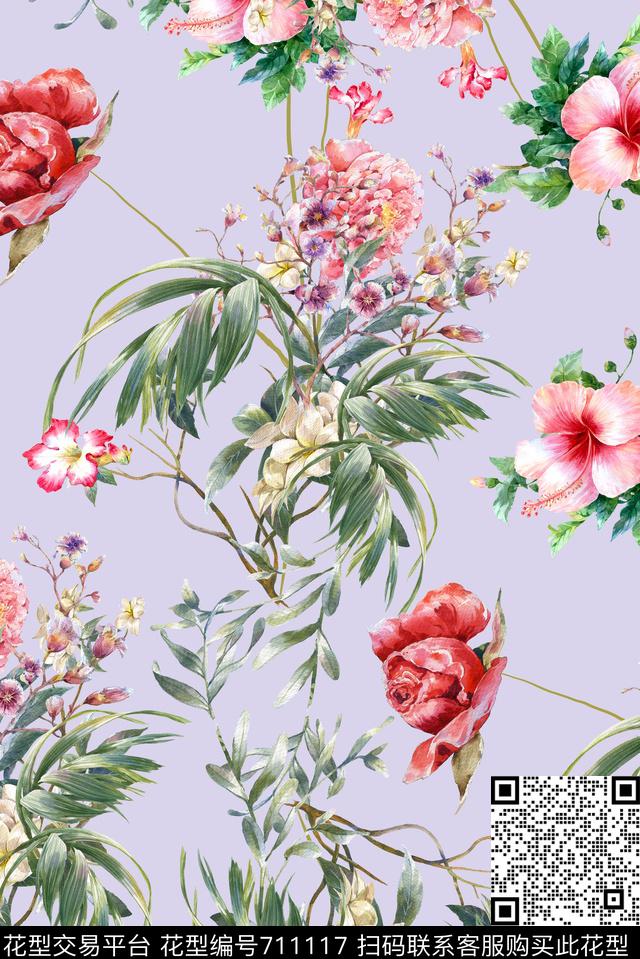 手绘绿叶植物数码印花花型下载（图片编号: 711117） - 瓦栏（Walan）