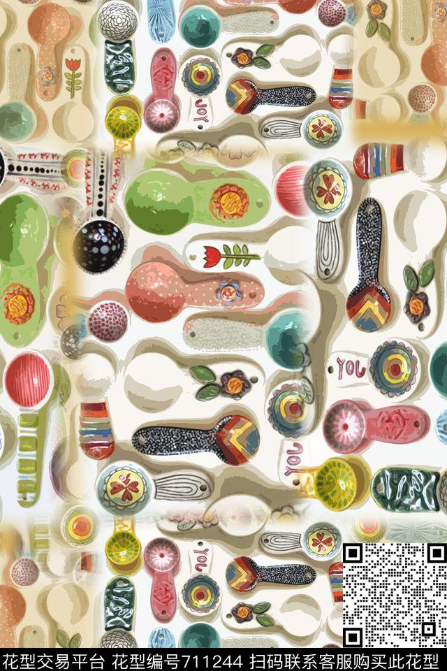 勺子组合餐具艺向趣味图案数码印花花型下载（图片编号: 711244） - 瓦栏（Walan）