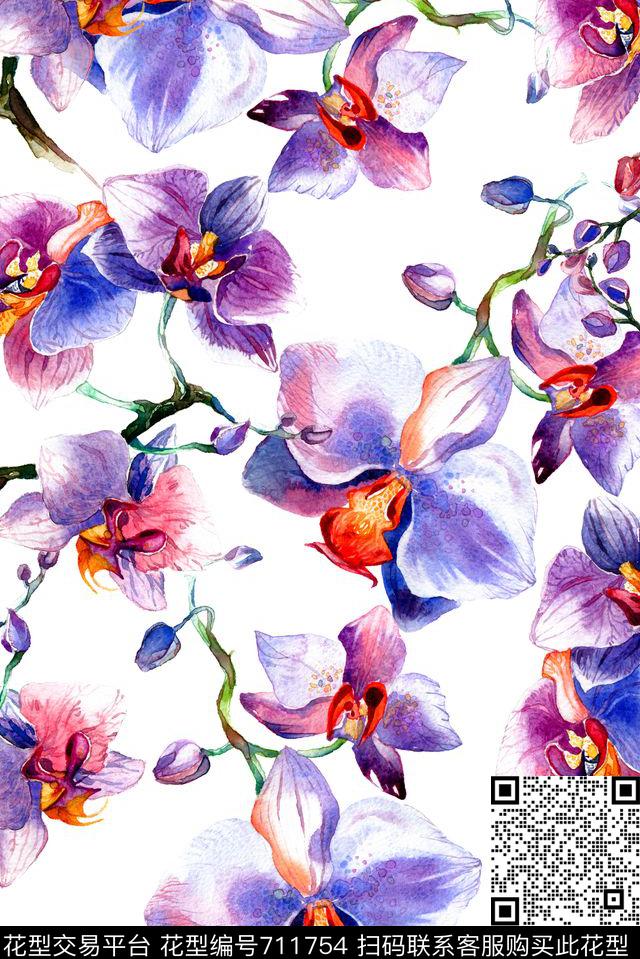 手绘紫罗兰花卉数码印花花型下载（图片编号: 711754） - 瓦栏（Walan）