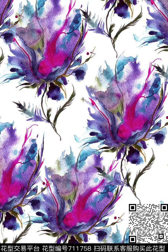 抽象手绘花卉数码印花花型下载（图片编号: 711758） - 瓦栏（Walan）