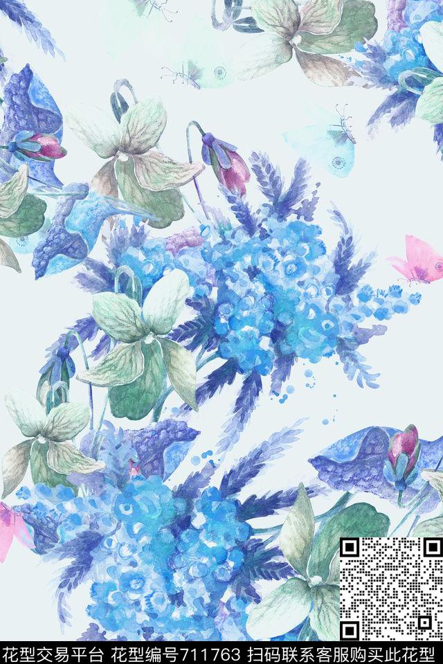 淡雅手绘花卉数码印花花型下载（图片编号: 711763） - 瓦栏（Walan）