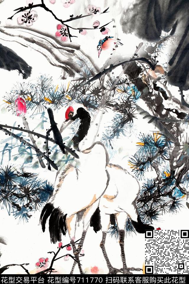 中国风仙鹤桃花数码印花花型下载（图片编号: 711770） - 瓦栏（Walan）