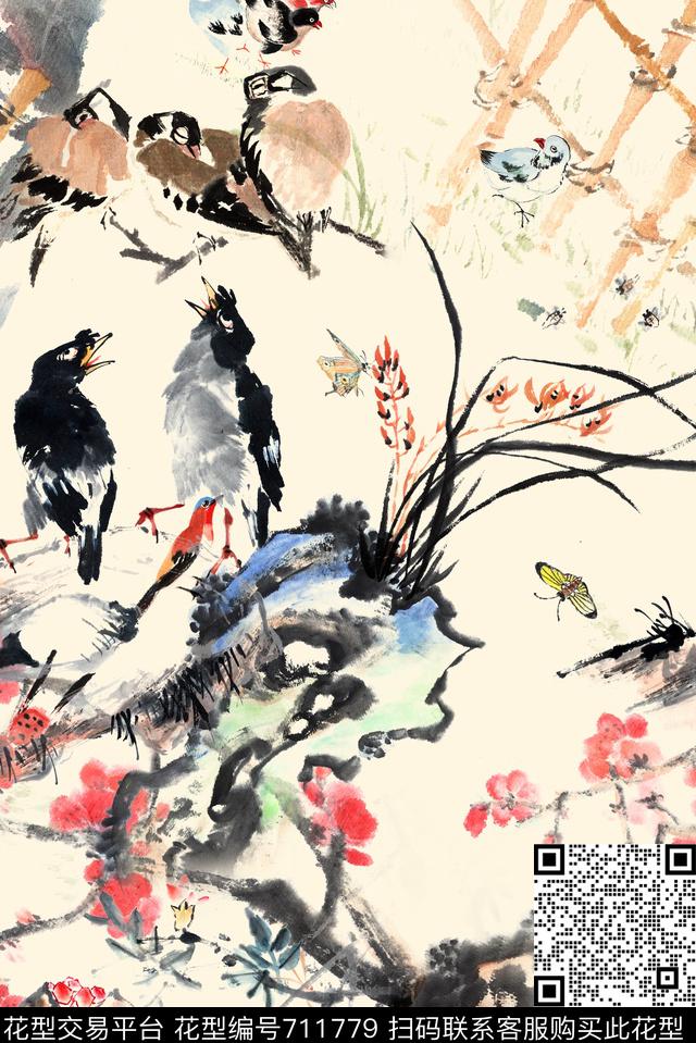 中国风花鸟桃花数码印花花型下载（图片编号: 711779） - 瓦栏（Walan）