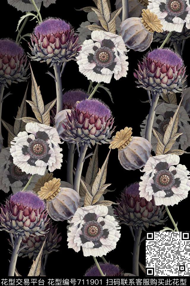 绣球花罂粟花花朵数码印花花型下载（图片编号: 711901） - 瓦栏（Walan）