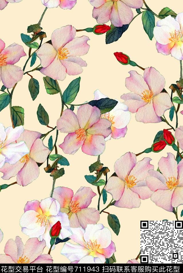 花朵花卉茶花数码印花花型下载（图片编号: 711943） - 瓦栏（Walan）