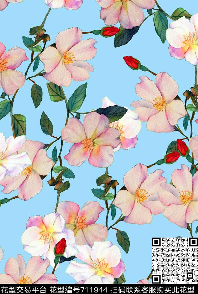 花朵花卉茶花数码印花花型下载（图片编号: 711944） - 瓦栏（Walan）