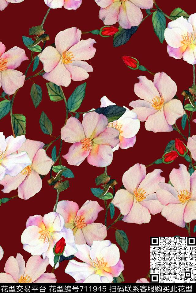 花朵花卉茶花数码印花花型下载（图片编号: 711945） - 瓦栏（Walan）
