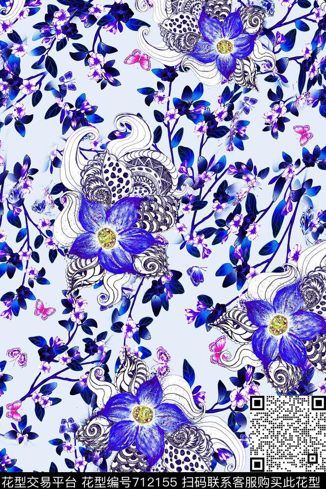 小碎花蝴蝶花卉数码印花花型下载（图片编号: 712155） - 瓦栏（Walan）