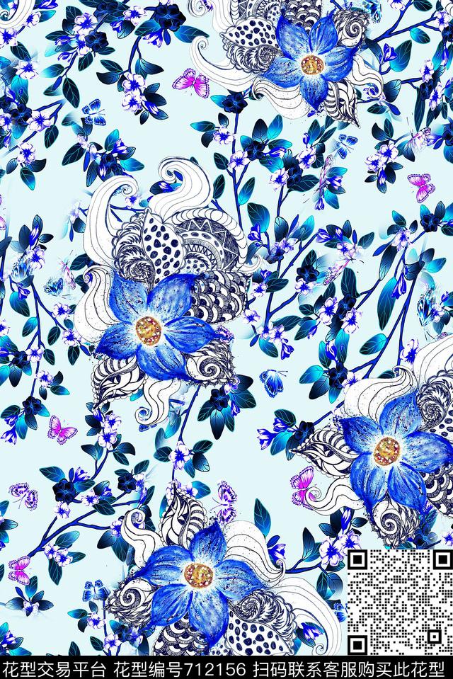 小碎花蝴蝶花卉数码印花花型下载（图片编号: 712156） - 瓦栏（Walan）