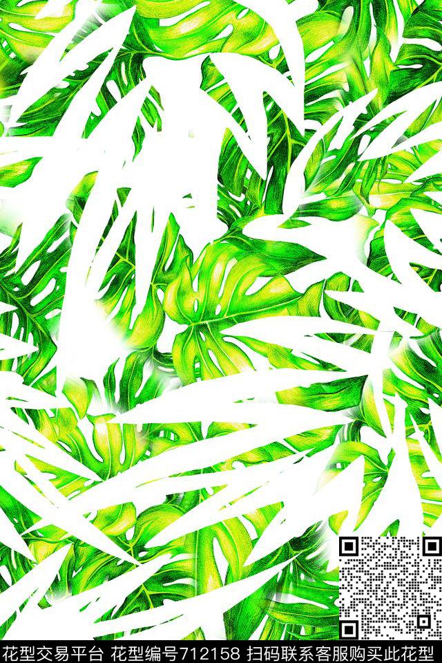泳装热带棕榈叶数码印花花型下载（图片编号: 712158） - 瓦栏（Walan）
