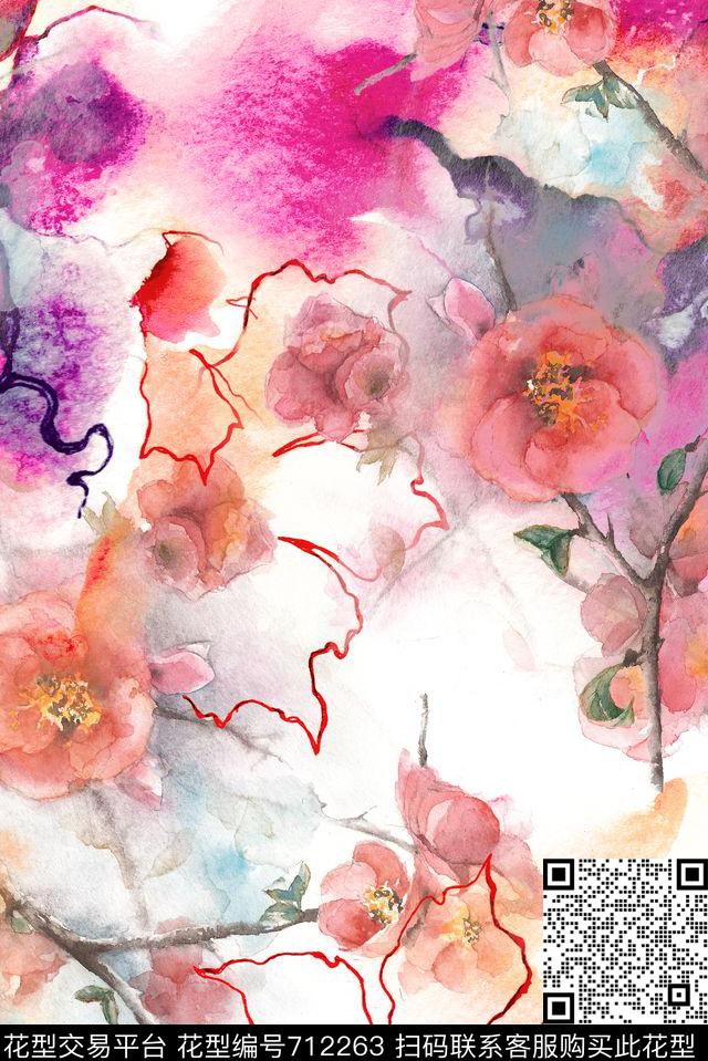 水彩线描泼墨数码印花花型下载（图片编号: 712263） - 瓦栏（Walan）