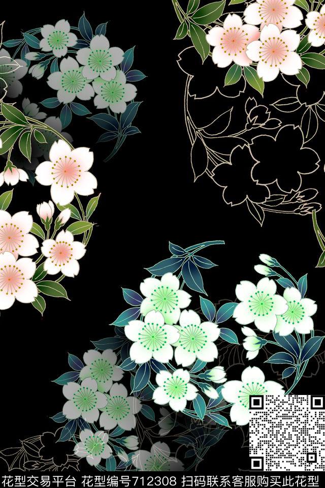 樱花桃花乱花数码印花花型下载（图片编号: 712308） - 瓦栏（Walan）