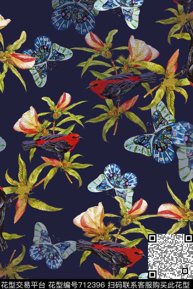 青蓝雅韵系列鸟昆虫图案蝴蝶纷飞数码印花花型下载（图片编号: 712396） - 瓦栏（Walan）