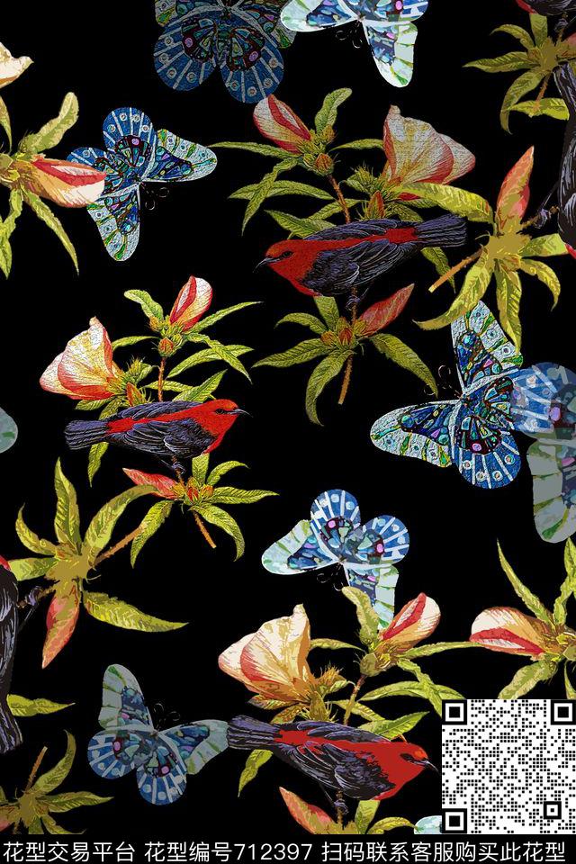 青蓝雅韵系列鸟昆虫图案蝴蝶纷飞数码印花花型下载（图片编号: 712397） - 瓦栏（Walan）