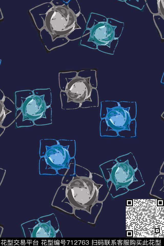青蓝雅韵系列抽象花卉玫瑰花意向传统印花花型下载（图片编号: 712763） - 瓦栏（Walan）