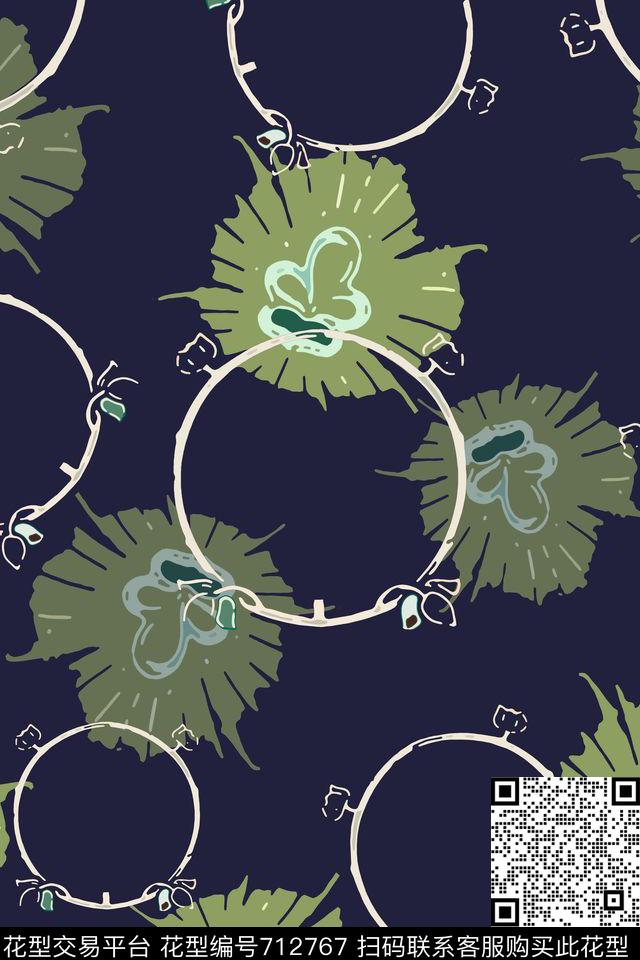 圆圈与波点花卉迷彩青蓝雅韵系列传统印花花型下载（图片编号: 712767） - 瓦栏（Walan）