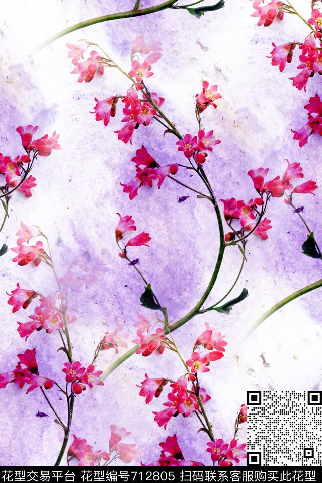 桃花枝条花卉数码印花花型下载（图片编号: 712805） - 瓦栏（Walan）