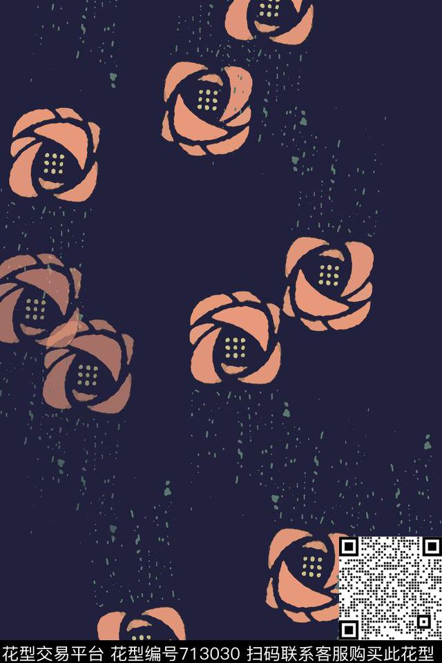 玫瑰花卉青蓝雅韵系列玫瑰花意向传统印花花型下载（图片编号: 713030） - 瓦栏（Walan）