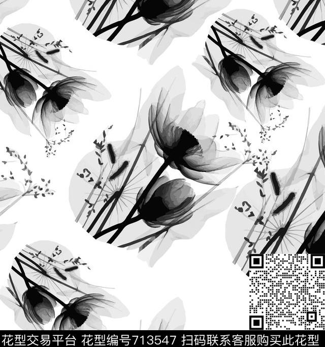 水墨花.jpg - 713547 - 花卉 黑白 床品 - 数码印花花型 － 床品花型设计 － 瓦栏