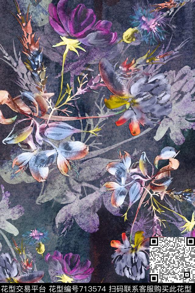 水墨抽象手绘数码印花花型下载（图片编号: 713574） - 瓦栏（Walan）