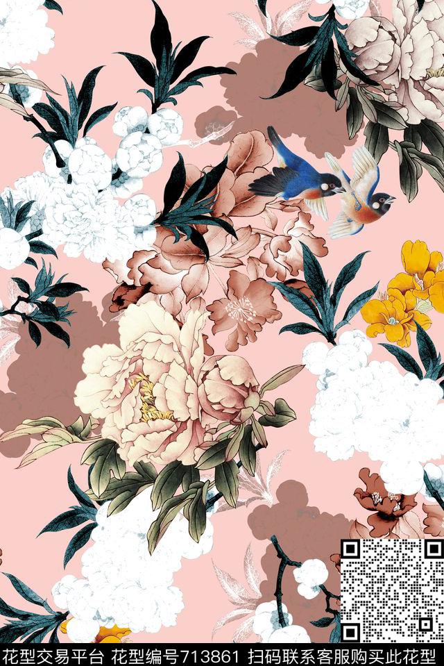 中国风淡雅花鸟数码印花花型下载（图片编号: 713861） - 瓦栏（Walan）