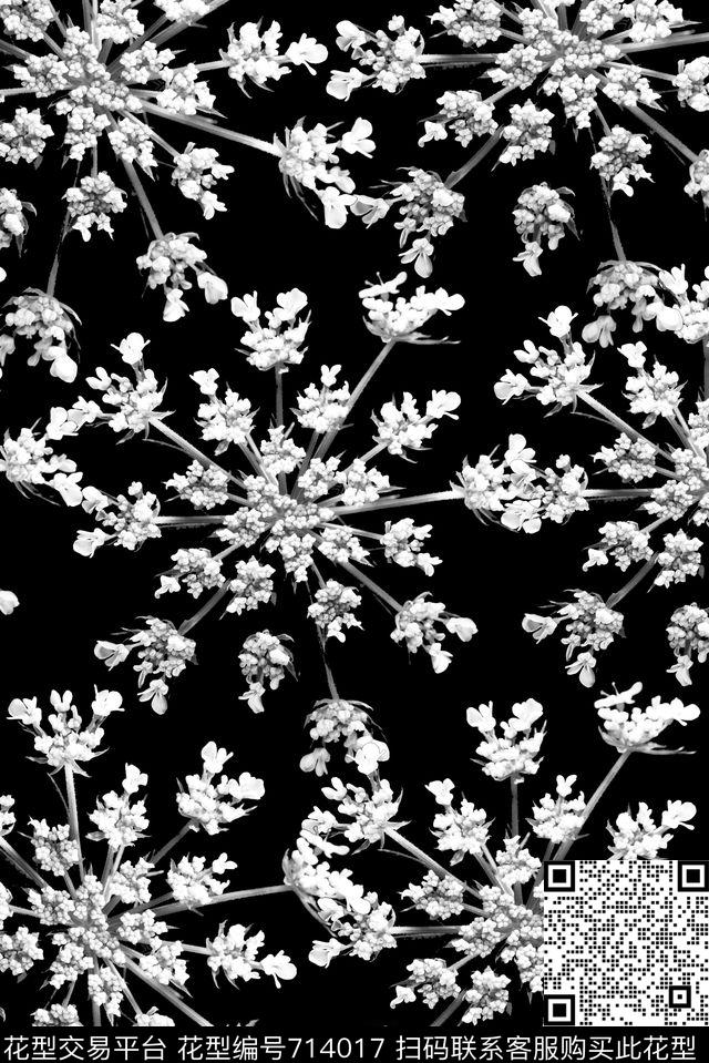 数码黑白花卉数码印花花型下载（图片编号: 714017） - 瓦栏（Walan）