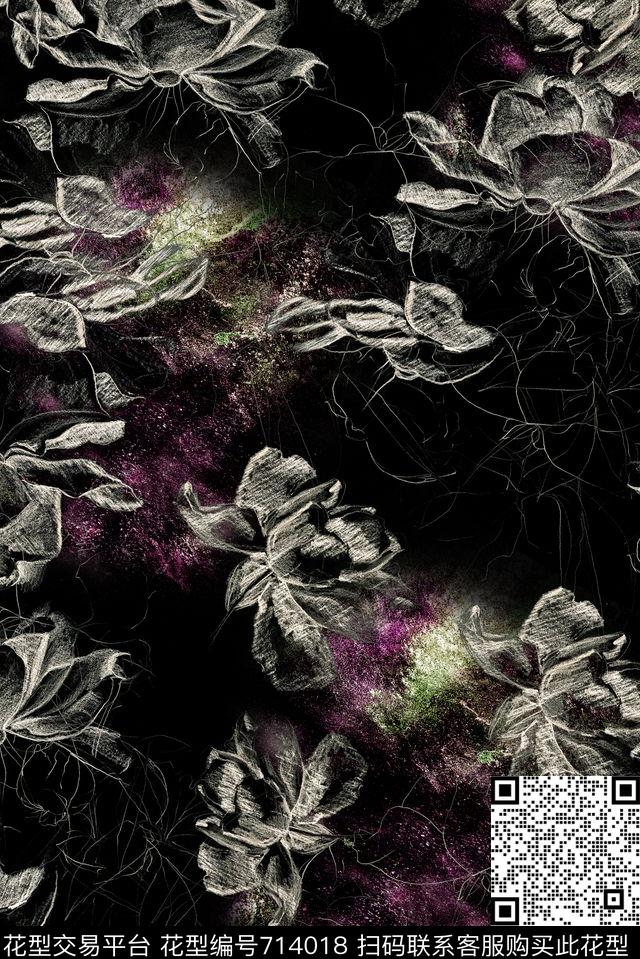 满版手绘素描数码印花花型下载（图片编号: 714018） - 瓦栏（Walan）