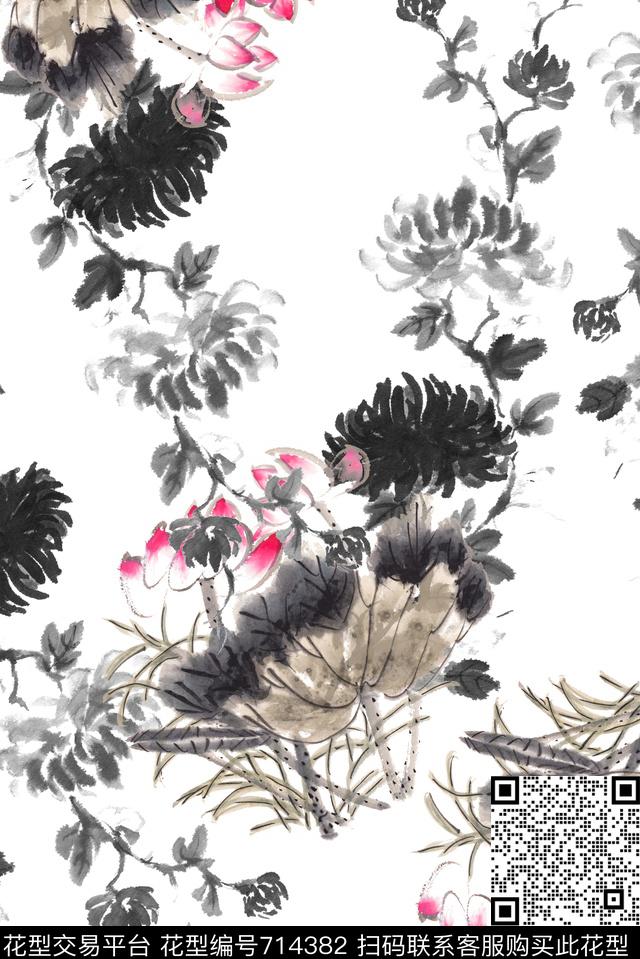 水墨中国风荷花数码印花花型下载（图片编号: 714382） - 瓦栏（Walan）