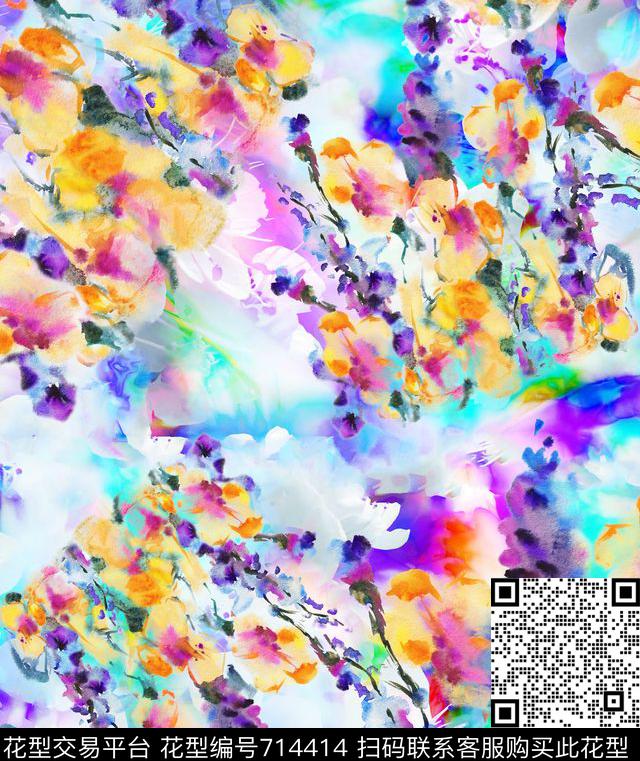 抽象手绘水彩数码印花花型下载（图片编号: 714414） - 瓦栏（Walan）