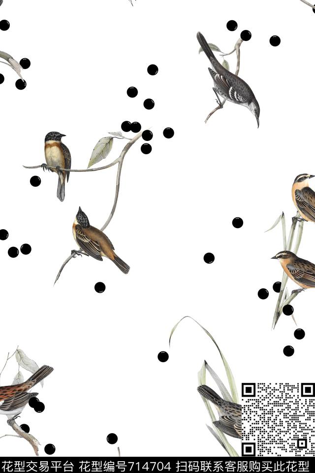 鸟点点枝条数码印花花型下载（图片编号: 714704） - 瓦栏（Walan）