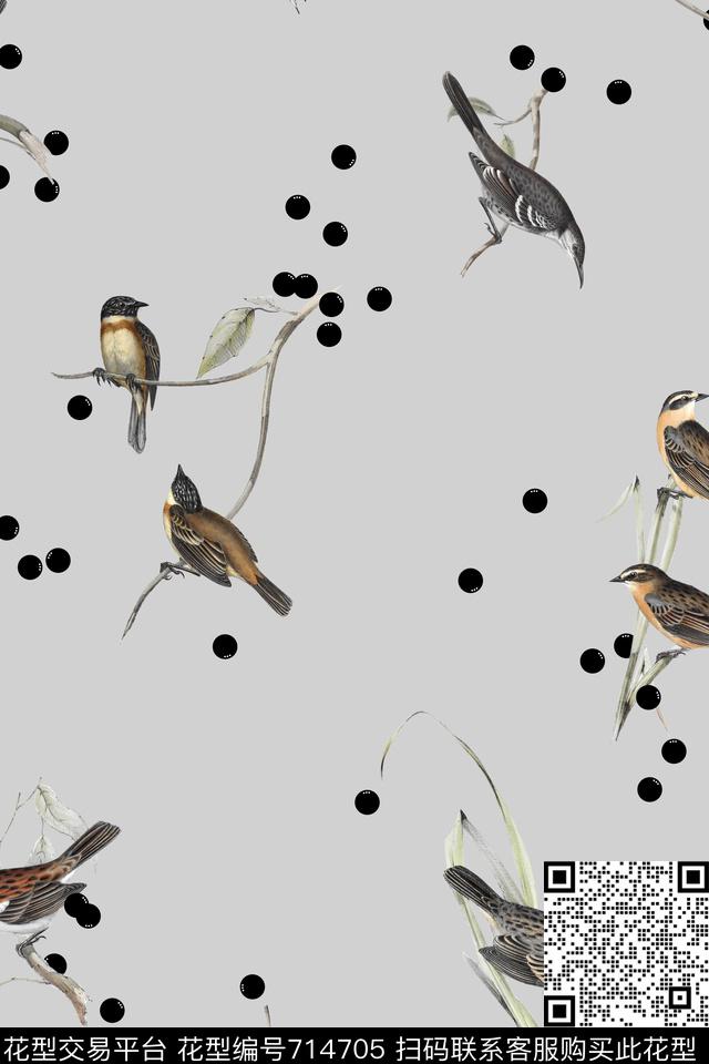 鸟点点枝条数码印花花型下载（图片编号: 714705） - 瓦栏（Walan）