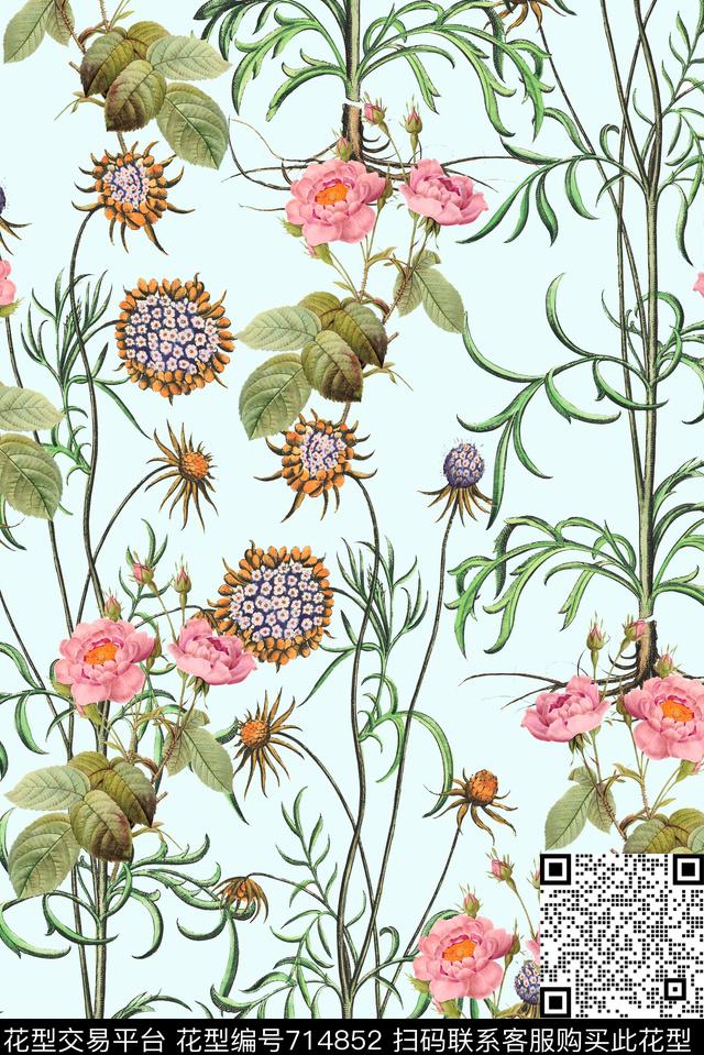 玫瑰向日葵花朵数码印花花型下载（图片编号: 714852） - 瓦栏（Walan）