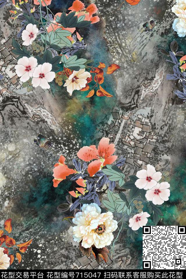 x-0660.jpg - 715047 - 山水画 民族风 中国风 - 数码印花花型 － 女装花型设计 － 瓦栏