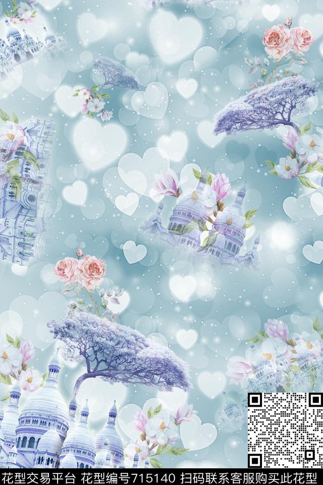 梦幻朦胧风景城堡数码印花花型下载（图片编号: 715140） - 瓦栏（Walan）