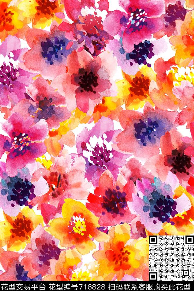 手绘水彩花卉数码印花花型下载（图片编号: 716828） - 瓦栏（Walan）