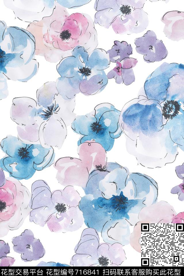 手绘日式水彩数码印花花型下载（图片编号: 716841） - 瓦栏（Walan）