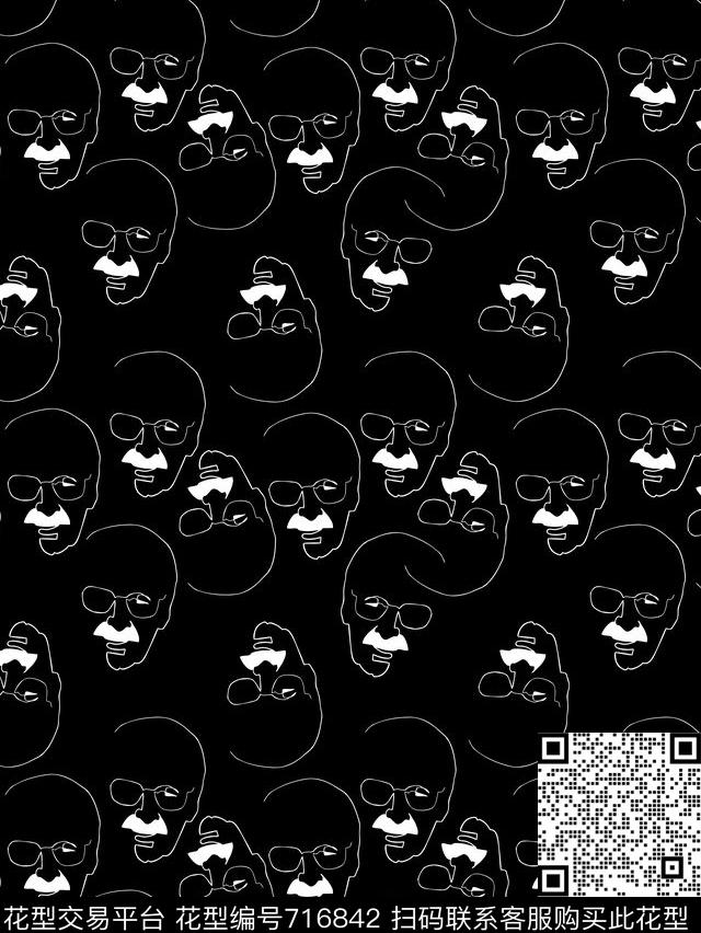 人物画胡子男人老人头传统印花花型下载（图片编号: 716842） - 瓦栏（Walan）