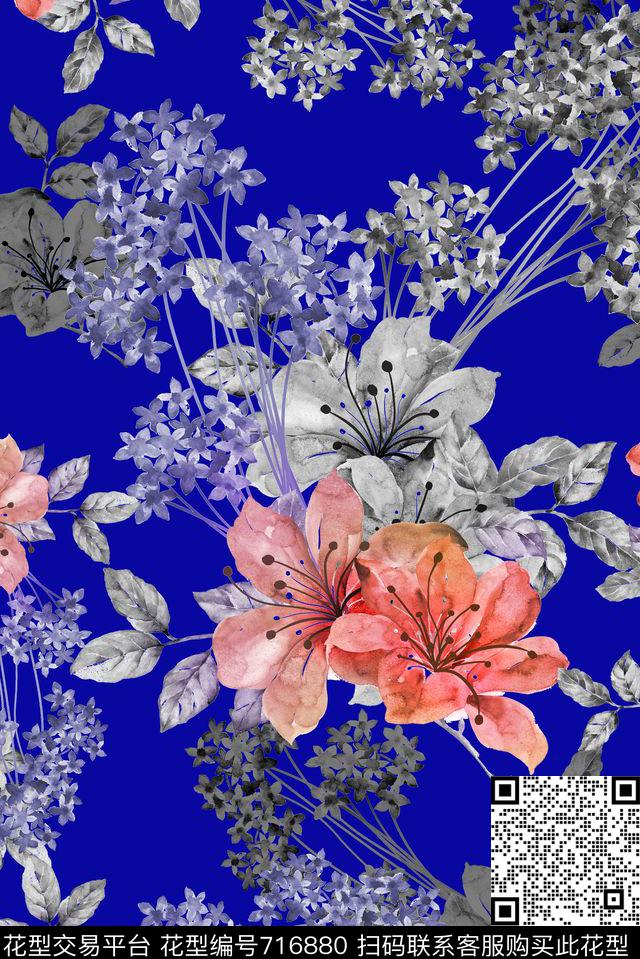 手绘花卉黑白数码印花花型下载（图片编号: 716880） - 瓦栏（Walan）