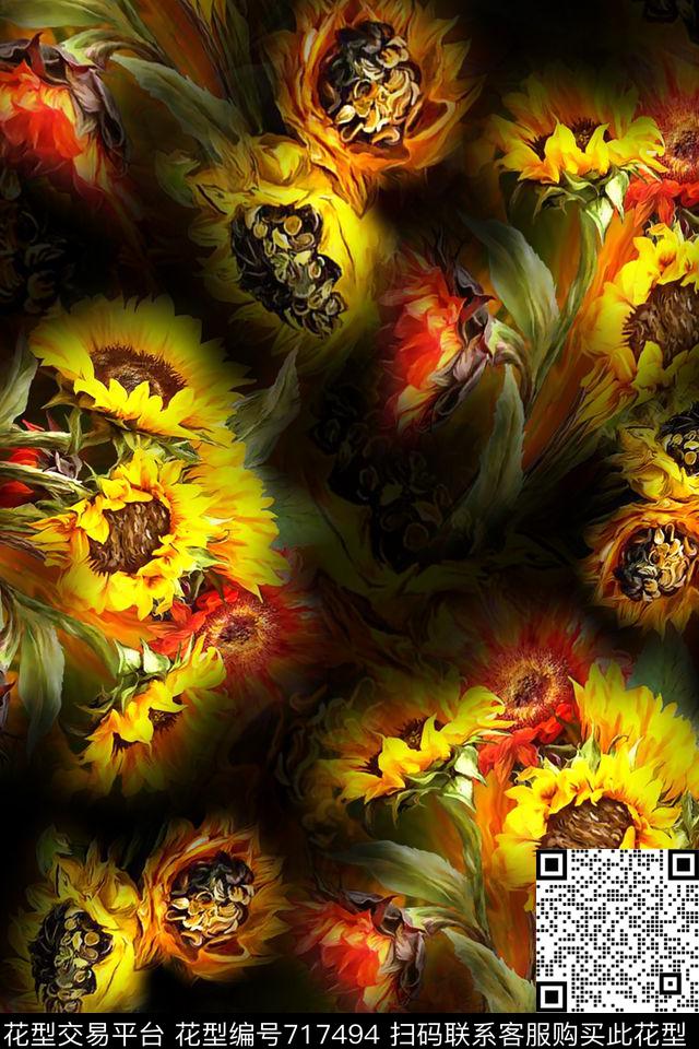 油画向日葵.jpg - 717494 - 花卉 向日葵 黑底 - 数码印花花型 － 女装花型设计 － 瓦栏