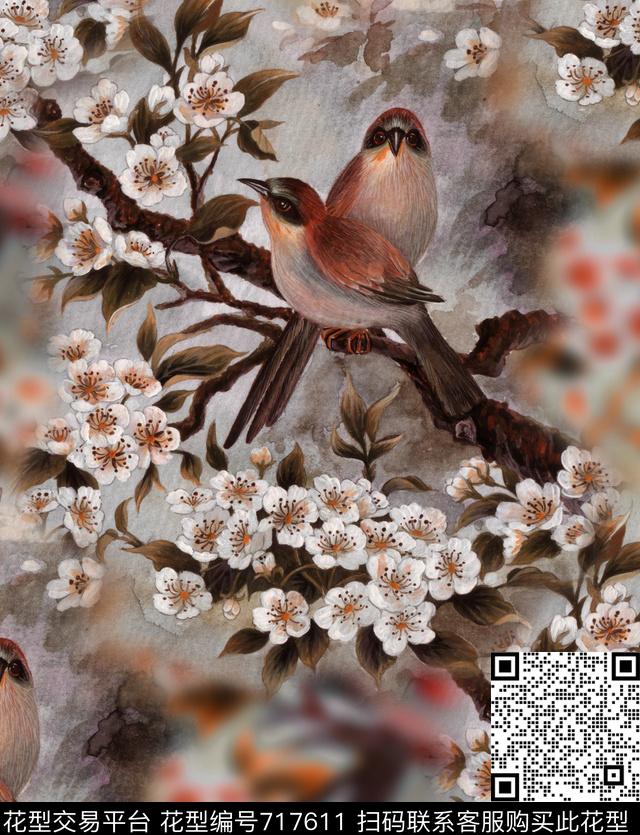 中国风复古花鸟数码印花花型下载（图片编号: 717611） - 瓦栏（Walan）