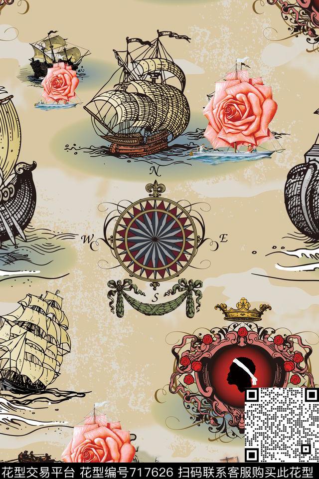 20161005海船-1.jpg - 717626 - 帆船 线条几何图形 船钟摆花卉组合 - 传统印花花型 － 泳装花型设计 － 瓦栏