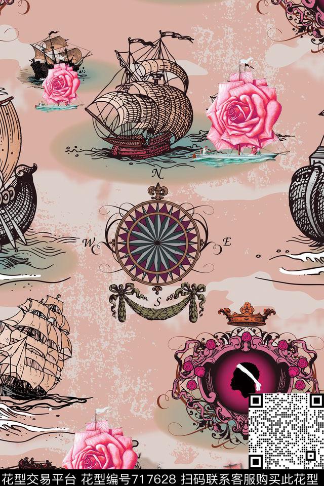 20161005海船-3.jpg - 717628 - 帆船 线条几何图形 船钟摆花卉组合 - 传统印花花型 － 泳装花型设计 － 瓦栏