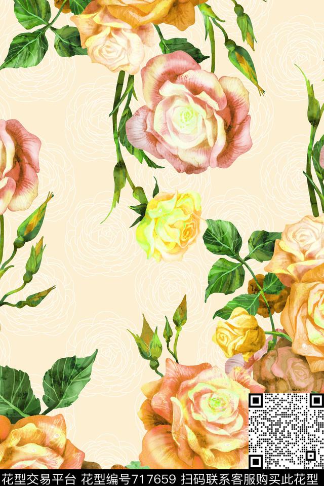 玫瑰金属玫瑰底纹杏.jpg - 717659 - 牡丹 玫瑰 花朵 - 数码印花花型 － 女装花型设计 － 瓦栏